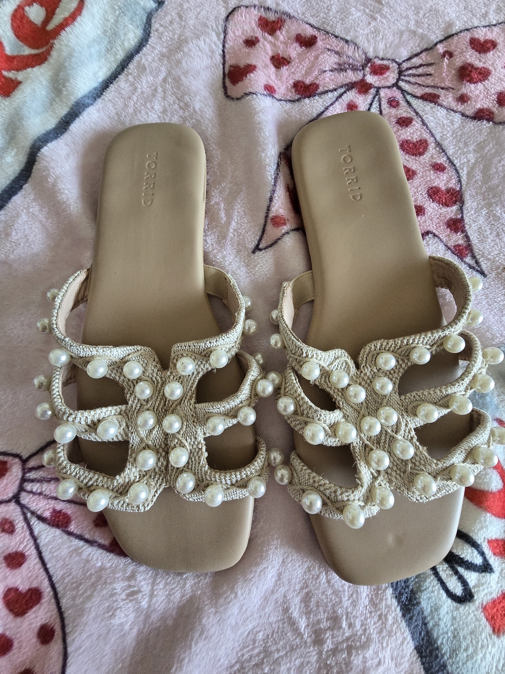 torrid Pearl-Trim Braided Beige Slide Sandals